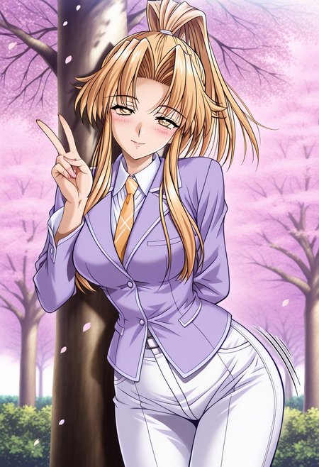 masterpiece, best quality, newest, highres, uncensored, 1girl, yokota mamoru style,1girl, slender face，motion lines,looking at the viewers,torogao,seductive smile,blush,bdsm
Kitagawa Junko,Honey Blonde Hair, Ponytail, Waist Length Hair,Amber Eyes,Necktie
1girl, blonde hair, cherry blossoms, , tree, v, skirt, short hair,  smile,outdoors, long hair, blush, yellow eyes, long sleeves,white pants