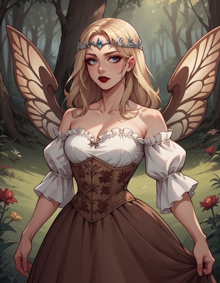 score_9, score_8_up, score_7_up, score_6_up, score_5_up, score_4_up, source_anime, 1girl, long blonde hair, makeup, red lipstick, hud_forest_fairy_dress, white and brown dress, puffy sleeves, floral corset, silver circlet, bare shoulders, wings, <lora:forestfairyxlp_epoch_8:0.6>,