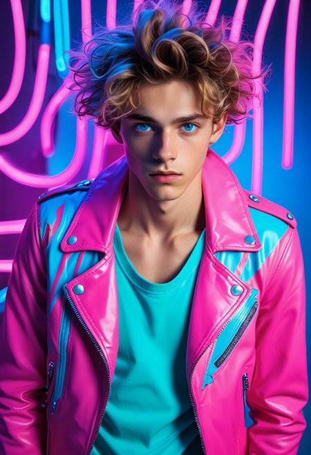 19yo (psychedelic dreamland:1.4) skinny male model twink (candyland:1.4), pink, cyan, wild hair, smooth, multicolor vivid leather jacket, neon lighting, light-blue-eyes, insane composition, expressive, <lora:sdxl_lightning_8step_lora:1>