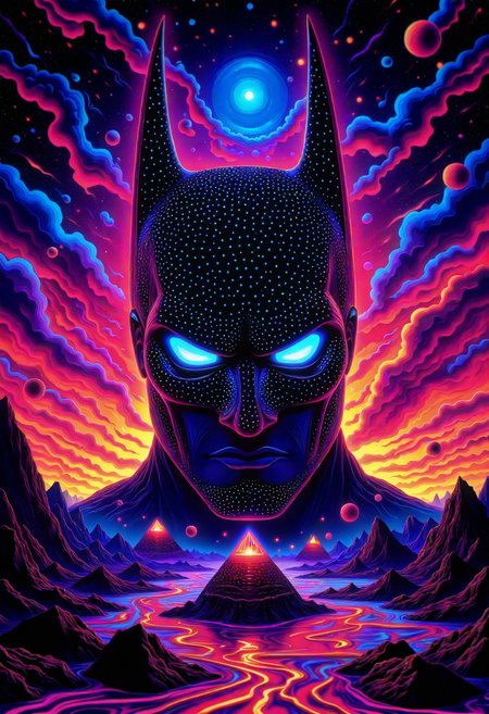 A giant batman head, with infinite eyes spread across its surface, emerges from the horizon. Floating pyramids orbit around it, casting surreal shadows on the distorted landscape below. In the background, a sky filled with swirling neon clouds and streaks of light creates a psychedelic atmosphere, as the ground ripples like liquid beneath the head.  , ,Fine Grain, <lora:Flux\boFLUX Psychedelic Surrealism v1.safetensors:1.0:1.0>