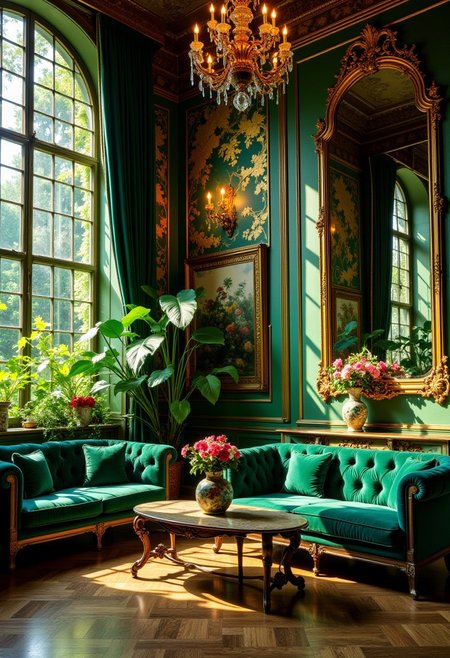 Forest Green & Amber Ballroom in Golden Afternoon Light
A majestic, nature-inspired ballroom with towering forest-green walls, featuring ornate amber floral engravings that shimmer in the late afternoon light. The floor-to-ceiling windows reveal a lush, overgrown garden outside, with golden sunlight casting long, dappled shadows across the emerald-green velvet sofas and wooden coffee tables adorned with intricately painted porcelain vases filled with fresh blooms. A gold-framed mirror reflects the grandeur of the space, while the amber-crystal chandelier above radiates a warm, honey-toned glow, evoking the feeling of an enchanted gothic greenhouse.