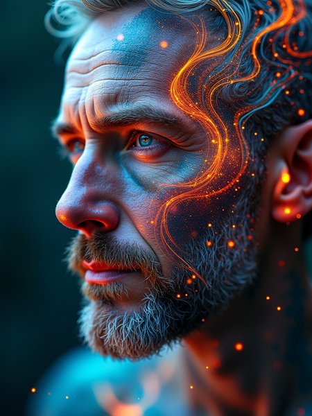 masculine male focus, a mature man, A hyper-realistic 3D surreal hallucination. A male face, serene yet deeply expressive, swirling light particles in vibrant flowing patterns. shifting through iridescent hues of blue, crimson red, sunflower yellow, and emerald green. Each line and curve, like living threads, writhes with internal light, glowing, sense of energy. water-like waves, spiraling around the man's face like a cosmic nebula, kaleidoscopic effect. iridescent particles glow emanating from the fractal edges, translucent, liquid swirls, bio-luminescent organism. micro-fractals, a swirling, a schizophrenic vision. masterpiece, best quality, high resolution, 8k, highly detailed

