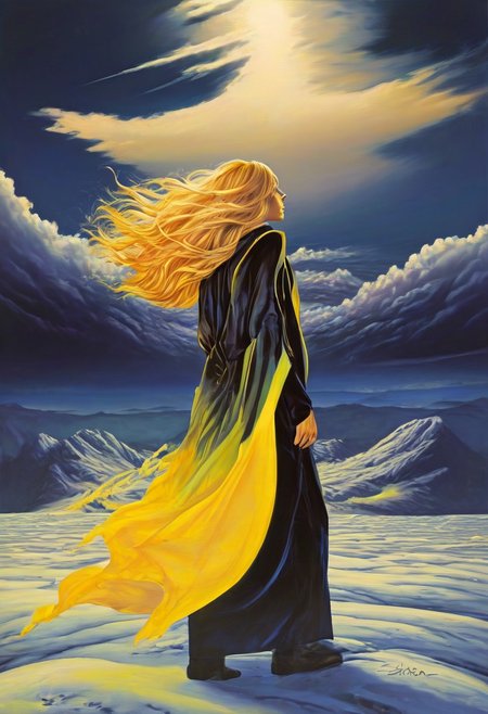 1woman, blonde hair, she's the grim reaper, facing away, rocky hill, standing, black robe blowing in the wind, clouds, sky, sunset, stars, cosmic, in meditation, ultra detailed landscape, bright yellow energy surrounding surrounding her, volumetric lighting, ultra detailed clothes, ultra detailed body, ultra detailed hair, looking at an ancient city made of blue crystals is in the distance, serenity, glowing,
by Natalia Rak and Barclay Shaw in the style of Jessica Rossier,  <lora:EnvyAnimeWatercolorXL02:0.60> ,   Elmore_Style_LX <lora:Elmore_Style_LX-000011:0.60>