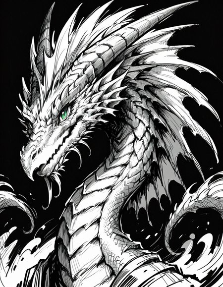 score_9, score_8_up, score_7_up,  <lora:Messy Sketch Style:1>, monochrome, dragon, black background, portrait, hons, long neck, red green eyes,