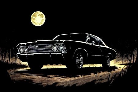1967 CHEVROLET IMPALA, Sport Sedan, Black, dark forest background, full moon, single lantern, dirt road,