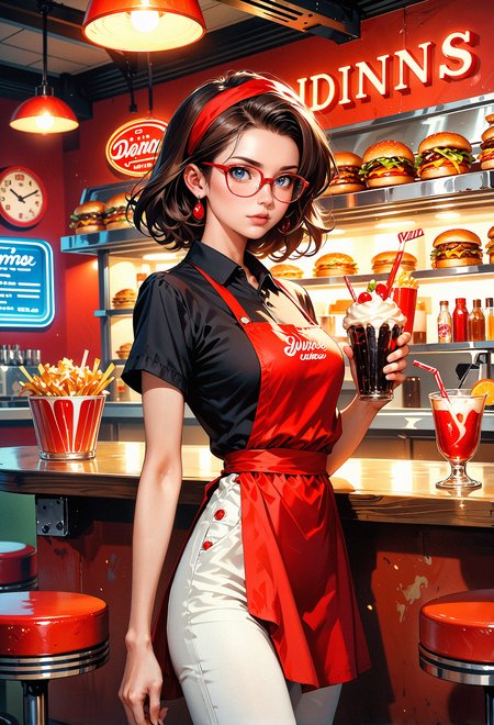 (score_9, score_8_up), score_7_up,  solo, 1girl, brunette, medium-length hair, red headband, red apron, black shirt, white pants, standing, diner, retro, 1950s, wooden counter, jukebox, soda glasses, milkshake, burgers, fries, condiments, clock, wall menu, neon lights, stools, red cushioned stools, vintage, warm lighting, cozy atmosphere, attractive, cute, medium breast size, slim build, light skin, casual outfit, American diner, retro decor, detailed textures, restaurant setting, nostalgic, retro diner, beverage, food, counter, service area, diner counter, classic, detailed background, realistic lighting, inviting, friendly, welcoming, relaxed, high resolution, digital art,  embedding:zPDXL,  <lora:PonyMythAn1m3V2:0.8>