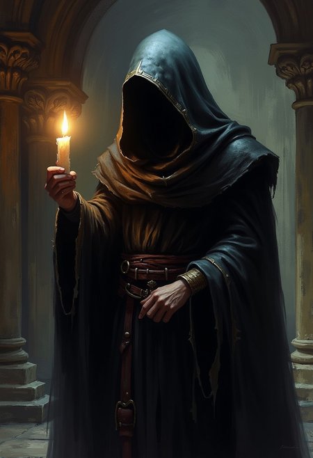 An atmospheric and powerful dark fantasy, natural organic and impressionist classical-style upper body portrait painting of a hooded cultist holding a glowing candle. His face is obstructed by dark hood. Hooded cultist standing in dimly lit gothic cathedral. Detailed hand.