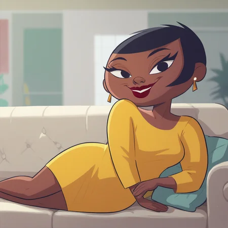 score_9_up, score_8_up, BREAK, ChristineBluestone, 1girl, solo, black hair, short hair, black eyes, dark skin, lipstick, earrings, yellow dress,   <lora:ChristineBluestone_PXL_Leaf1:1>, looking at viewer, sitting on couch, light smile, depth of field,
