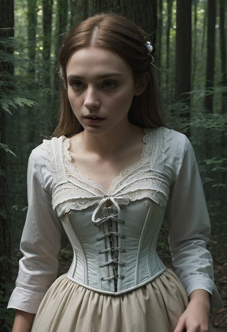 epiCRealism, (masterpiece:1.3), highes quality, High quality photo, Little Red Riding Hood weary in the woods, whita blouse rimmed with lace and underbust corset, dark, chiaroscuro, low-key, RAW photo, subsurface scattering, heavy shadow, (high quality:1.4), (intricate, high detail:1.2), professional photography, realistic, ultra realistic, photorealistic, high resolution, film photography, ambient lighting, atmospheric effects, highly detailed and hyper realistic photo of analog film photo of detailed sharp image