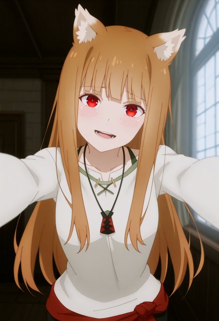 holooutfit3, 1girl, long brown hair, bangs, red eyes, fox ears, medium breast, | white shirt, long sleeves, loose shirt, black pants, cropped pants, necklace, pendant, red braided sash, 
 <lora:Holo_IL:1>,
 masterpiece, high, quality, highres, absurdres, score_9, score_8_up, score_7_up, score_6_up, source_anime, rating_explicit,1girl, solo,smile,embarrassed,alcalose eyes, open mouth, mansion, indoors, looking at viewer, outstretched arms, pov, close-up, (head tilt:1.2),(Character).