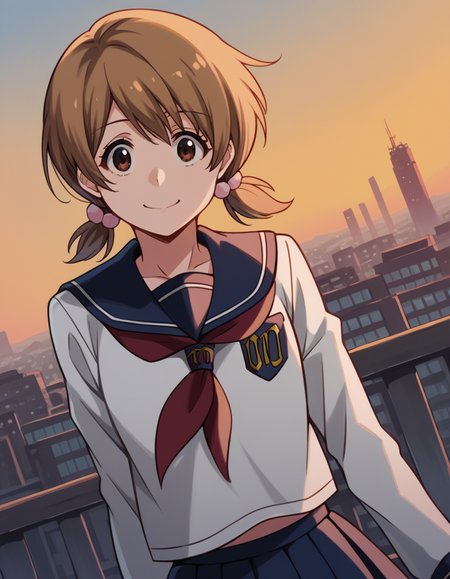 score_9, score_8_up, score_7_up, source_anime, <lora:yuzu-kurosaki-anime-ponyxl-lora-nochekaiser:1>, yuzu, short hair, brown hair, brown eyes,, twintails, short twintails, school uniform, serafuku, neckerchief, red neckerchief, skirt, blue skirt, pleated skirt, long sleeves, white shirt, shirt, sailor collar, blue sailor collar,, rooftop, sunset, cityscape, quiet moment, wind blowing, contemplative, smile, looking at viewer, arm across chest, knee forward, hand clenched, solo,, cowboy shot, dutch angle