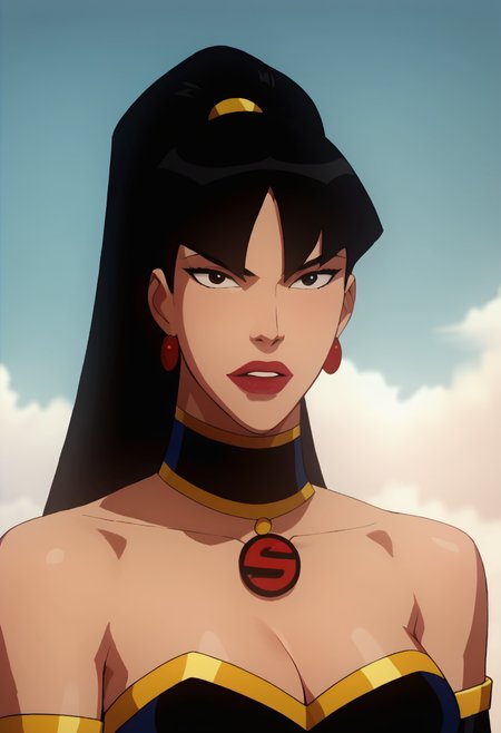 score_9, score_8_up, score_7_up, masterpiece, hi res, best_quality, sup3rw0man, sexy body, large natural breasts, bare shoulders, earrings, cleavage, sexy, fingerless gloves, busty, black eyes, seductive, solo, black hair, ponytail, lipstick, anime coloring, elbow gloves, MILF