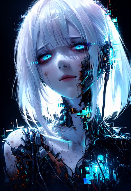 watercolor, lldn, detailed drawing, xxx667_illu, glowing, (glitch:1.3), masterpiece, best quality, good quality, newest, highres, cinematic, volume light, close up, vibrant, glowing outline, neon, blacklight, looking at viewer, dutch angle, limited pallete, blue and black, 1girl, white thin hair, cyborg, science fiction, broken body, rust, dirty, scratched, cable inside, sad, white skin, black light background,