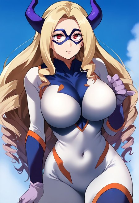 Score_9, score_8_up, score_7_up, score_6_up, 1girl, beautiful girl, large breasts, 
BREAK
retro artstyle,
Blonde
Dark skinned female,
BREAK
superhero, white bodysuit, skin tight, impossible clothes, covered navel, gloves, thighhighs.mount lady, 1girl, long hair, drill hair, blonde hair, red eyes, purple horns, large breasts, mask, domino mask