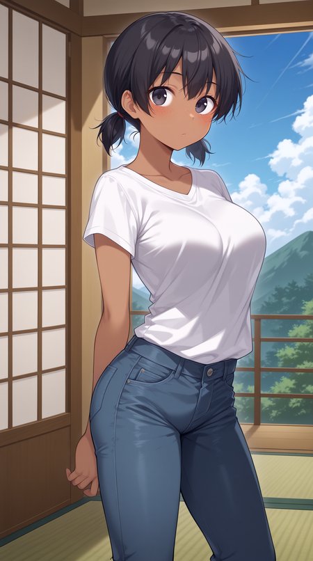 masterpiece, best quality, amazing quality, very aesthetic,  absurdres, best quality, 4k, upscale,  kotone, 1girl, solo, freckles, pants, shirt, denim, black hair, short twintails, twintails, jeans, white shirt, looking at viewer, black eyes, short sleeves, dark-skinned female, tatami, low twintails,  t-shirt, indoors, pose, short hair, cloud, breasts, closed mouth, sky, shouji, collarbone, blush  <lora:Kotone_IL:0.8>
