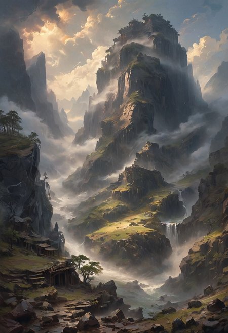 View from a rocky ledge to a massive, weathered ark resting between two high, jagged hills. The scene is shrouded in a thick, ominous fog, with an eerie stillness in the air. The ark, appearing ancient and majestic, looms large against the chaotic swirl of dark clouds above. The sky is filled with ominous, swirling clouds, casting deep shadows over the landscape. Animals of all kinds are faintly visible through the mist, gathering in pairs and moving towards the ark. The overall scene evokes a sense of awe and solemnity, capturing the profound moment of Noah's Ark amid the turbulent surroundings. [romantic impressionism,dream scenery art,beautiful oil matte painting,romantic,style of thomas kinkade,beautiful digital painting,anime landscape,romantic painting,dreamlike digital painting,colorful painting,beautiful gorgeous digital art,style of greg rutkowski,janek sedlar,jenny saville:0] <lora:vivid_everclear:0.6>  <lora:Sinozick:1>