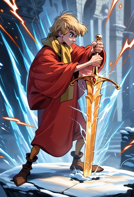 Saltydogstyle, score_9, score_8_up, score_7_up, CuteCartoonStyle,action pose, attacking stance, stabing stance, dynamic pose,  1boy, solo, male focus, Arthur, Blonde Hair, Black Eyes, Red Robe, Yellow Scarf, Tan Leggings, Brown Shoes, SaltyDogStyle, digital artwork, powerful, muscular male, muscular character, standing, holds a glowing ethereal sword, golden sword's hilt, 1boy, male, focus,, weapon, solo, holding, holding, weapon, sword, full, body, 1boy, male, focus,  weapon, solo, holding, holding, weapon,