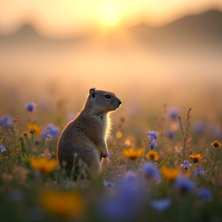 canon eos r5, national geographic,  in a floral meadow, a tiny marmot is watching, eerie fog , harmonious, mystical,early morning, morning dew ,sun rays, triadic colors, low angle

