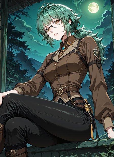 <lora:Emily_Watsken__The_Beginning_After_the_End__Illustrious:1>
1 girl, solo, yellow eyes, green hair, ahoge, low ponytail, bangs, long hair, messy hair, freckles, black pants, knee boots, brown shirt, long sleeves, collared shirt, glasses, round eyewear, belt, 
(Anime_source),Masterpiece,(perfect female body:1.2), small waist,(incredibly detailed:1.4), slim, parted lips, looking at viewer, sitting, crossed legs, night, green moon, greenish sky, <lora:iLLMythG0thicL1nes:1>
