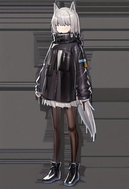 (((One girl))),white hair,wolf ears, jacket,round face
pantyhose,, black footwear, wolf tail,jacket,
Grey indoor background 
((((slime (substance))))))