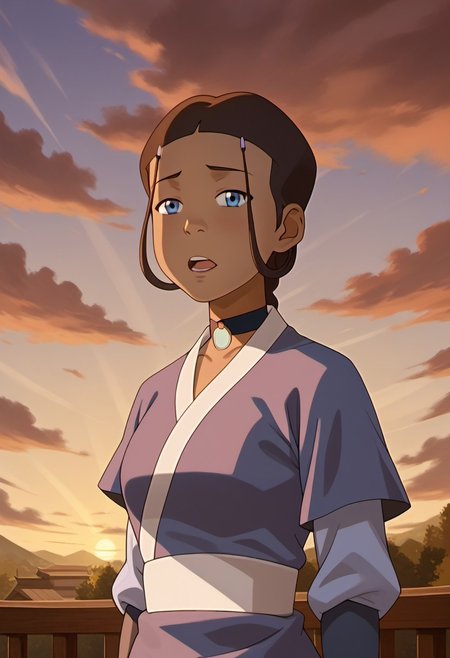 score_9, score_8_up, score_7_up, realistic, realism, HD, perfect quality, 16k, very detailed, realistic lighting, detailed face, BREAK, (((good_hands))), (((perfect eyes, bedroom eyes, (light smile:0.5)))),  BREAK, solo, 1girl, (((Katara-BookWater, blue eyes, short hair, brown hair, hair ornament, dark skin, dark-skinned female))), eye_focus, ((medium breasts, big ass)), (bedroom eyes), looking at viewer, nervous, seductive, sensual, medium body size, slightly small neck, plumb body, voluptuous hips and thighs, curvy body size, microwaist, (feminine body, soft body:1.5), BREAK, dark skin, brown hair, dark-skinned female, cloud, sky, open mouth, choker, grey eyes, japanese clothes, hair ornament