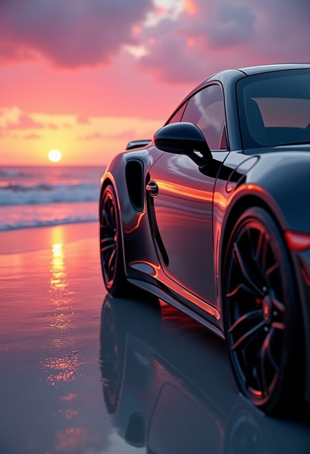 This is an artistic professional photograph, taken from the ground with a three-quarter wide angle lens, in extreme close-up of the lower part of the front door of a shiny all-black Porsche 911 Turbo, with rounded shapes and black tinted windows. The car is parked at the water's edge, on a pristine white sand beach, wet and flat as a perfect mirror. The calm sea stretches out, smooth as glass, reflecting the vivid pink and purple hues of the sunset sky, painted in beautiful shades of pink, purple and orange. The sky is filled with vibrant colors of pink, orange and purple, with the sun setting on the right side of the image. The surrounding landscape is beautifully reflected on the door body and the car window, the reflections perfectly following the sleek curves of the car, giving a pinkish color to the car. The warm, pink colors of the late sunset are combined with the sleek, high-gloss finish of the Porsche 911 Turbo, creating a striking contrast that reflects off the sand. The scene captures a sublime beach landscape during a colorful sunset, with the vibrant hues dancing across the car’s glossy surface, creating a truly mesmerizing and serene atmosphere.