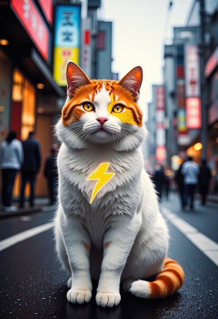 A portrait of a white and orange cat with an (orange lightning bolt fur pattern) on his face sitting on a tokyo street. 
Cinematic lighting, volumetric lighting, 8k quality