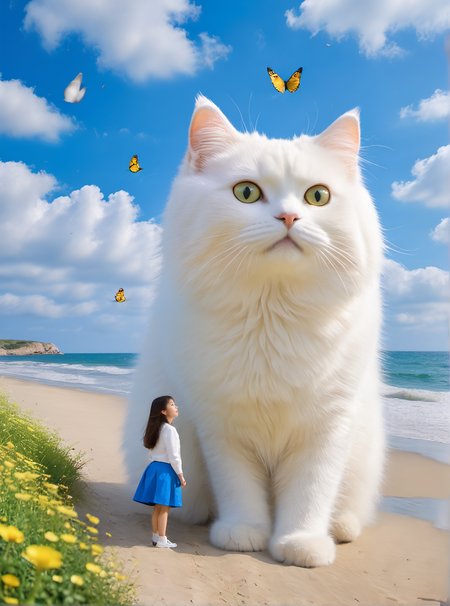 <lora:white cat è¿æV1.0-0008:0.7>,large white cat,a young girl,at the seaside,, (masterpiece, best quality, highres:1.2),