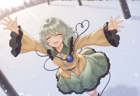 best quality, high quality, hires, cowboy shot, dutch angle, from above, light rays,
1girl, komeiji koishi, spread arms, jumping, dancing, closed eyes, smile, standing on one leg, snowing, outdoors, waving, (motion lines:0.7), (+++:0.7), outstretched arms, spread fingers,