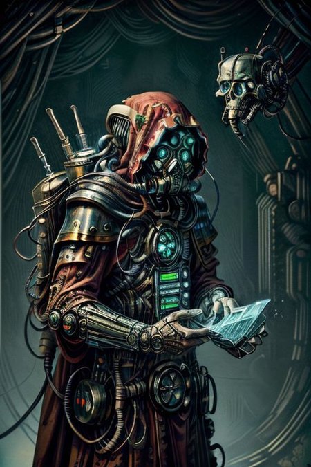 ((masterpiece,best quality)), absurdres, BREAK
mechanical arms, robes, hood, BREAK
((techpriest)), cyborg, mechanical face, mechanical limbs, gas mask, mechanical tentacles, (mechanical backpack), green cloak, BREAK
1other, solo, holding skull, BREAK
(CircuitBoardAI),