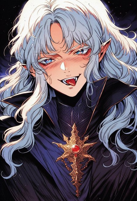 score_9, score_8_up, score_7_up, (androgynous), (ethereal beauty), (source_anime, anime, (dark background), shows his tongue, horny face, excited face, masterpiece, best quality, vampire hunter d, white hair, male, indigo eyes, (painterly anime artwork), (dark forest in the background, dark Nordic outfit, long hair, (adult:1.4), 1man, male, elf, long hair, white hair, wavy hair, seductive, puppy eyes, wide chin, sexy, very beautiful, handsome, (ethereal beauty), bangs, bangs covering forehead, blue eyes, white eyelashes, red pupils, dark blue long cloak, dark blue layered clothing, northern clothes, vampire hunter, bloodborne, solo, cowboy shot, upper body, professional photograph, award winning photography, (ultra-detailed body), (Sharp focus), (dynamic angle), seductive, innocent, elegant, Alucard
