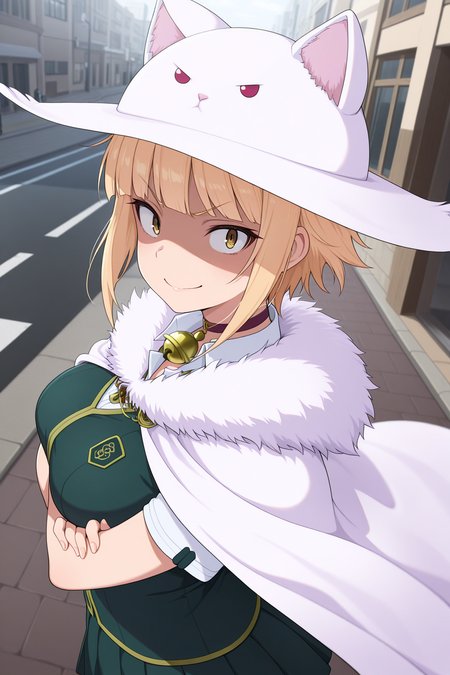 1girl, KuraishiTanpopoWitchCraftWorks, 
general, solo, pov dating, perspective, dynamic angle, from side, upper body,
animal_ears, short hair, blonde hair, breast,
shaded face,
cat hat,
white cape, fur trim, choker,
school uniform, green vest, pleated skirt,
dating, looking at viewer, v-shaped eyebrows, smile, arms under breasts, closed mouth,
street,
<lora:kp_KuraishiTanpopoWitchCraftWorksIllustrious_v1_0:1.0>,
masterpiece, best quality, amazing quality
