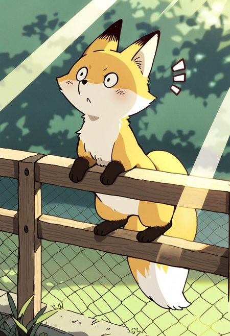 (masterpiece, best quality, high quality, highres), very awa, highres, absurdres,
(fuamusea:0.8), makoto shinkai, chii-kun \(seedyoulater\), (naguru \(cyoroama\):0.8), 
(fox:1.2), (no humans:1.1), paws, fur, (cute:1.2), comfy, solo, 
surprised, silly, OO,
climbing fence, day, sunlight, sun rays, beautiful background,