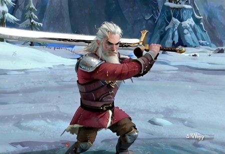 geralt as a (r0b0t_s4nta_c1aus), holding a sword, solo,
high guard sword parry stance, incoming vertical sword attack
at a frozen lake,
game screenshot,
looking at the camera,
sfw