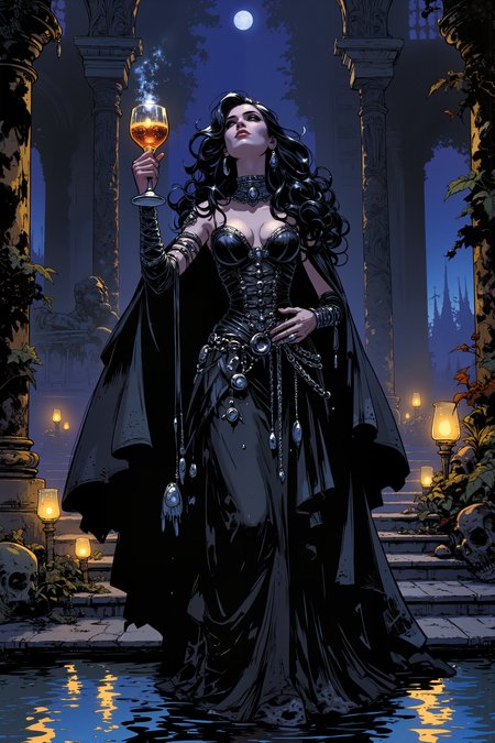 In the courtyard of a palace carved from black marble, a sorceress with skin the color of moonlight and a gown woven from liquid shadows raises a crystal goblet, toasting unseen deities. Her attire is impossibly intricate, layers of sheer, smoky fabric draped over a corset embroidered with silver constellations, cinched with delicate chains that wrap around her waist like a celestial map. Her eyes, an unnatural shade of iridescent violet, glow faintly beneath sculpted, dark brows, framed by a cascade of inky black curls pinned in elaborate, swirling loops. A series of delicate rings adorn her long fingers, each one pulsing softly with dormant power, waiting for her command. The courtyard is alight with floating lanterns, their gentle luminescence reflecting off the polished obsidian floors, casting strange, dancing shadows. A shallow pool of water stretches before her, reflecting not the stars above but a vision of something beyond this realm, rippling and shifting with eerie precision. The scent of exotic spices and rare perfume lingers in the cool night air, blending seamlessly with the distant sound of a lyre playing an ancient, forgotten melody. As she takes a slow sip from her goblet, the liquid inside shimmers and changes color, reacting to the quiet, enigmatic amusement in her gaze. , detailed background  Fantastic lighting. Detailed shadows.intricate details, vivid colors, hyper-detailed, ultra-sharp, , <lora:Ev_Ganin:0.4><lora:Vintage comic book:0.4><lora:RetroAnimeFluxV1:0.15><lora:Greg_Capullo_style:0.4><lora:jeanClaude_Mzires_Style_FLUX-000001:0.4><lora:Flux_Ink_Anime:0.4>