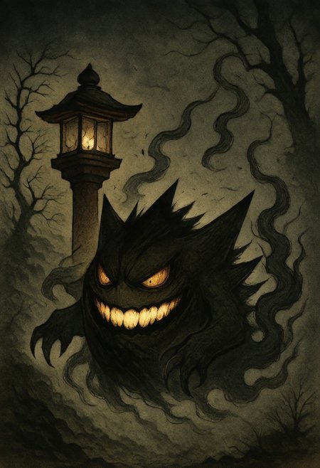 masterpiece, best quality,     y0k4i, gengar, tree, bare tree, lantern, glowing, night,  <lora:YokaiPokedex_IXL:1.0>,