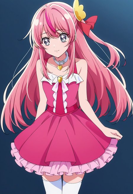 score_9, score_8, score_7, source_anime, 1girl, solo, pretty cure, ruby hoshino, long hair, bangs, pink hair, grey eyes, sidelocks, symbol-shaped pupils, multicolored hair, two-tone hair, hair ornament, hair ribbon, skirt, thighhighs, white thighhighs, zettai ryouiki, dress, pink dress, sleeveless, pink skirt, frilled skirt, bare shoulders, collar, white collar,