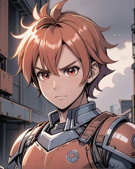 anime style, Timeless 1boy, man, natural colored eyes, Shaggy layered hairstyle, dynamic pose, determined expression, <lora:EnvyCharacterPortraitHelperXL01:0.8>, BREAK (style-rustmagic:1.0) portrait, solo, from front, front view, half shot, looking up, detailed background, detailed face, (<lora:DonMASKTexXL:0.4>,     DonMASKTexXL theme:1.1), rust-champion, rusty armor,   (rusty:1.05), red rust, weathered,  grungy, worn-out,  soot, made of rust,   left to rust, stoic expression, dynamic pose, abandoned factory in background, low light, shadows, dark clouds, cinematic atmosphere,