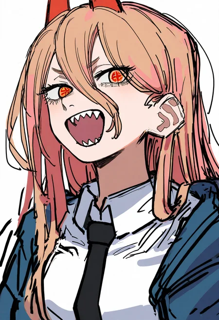 best quality, amazing quality, very aesthetic, absurdres, sketch,
BREAK
1girl, power \(chainsaw man\), pink hair, blonde hair, red horns, red eyes, cross-shaped pupils, long hair, sharp teeth, hair between eyes, symbol-shaped pupils,
collared shirt, black necktie, long sleeves,
looking at viewer, white shirt, open mouth,
simple background, white background, smile, upper body,   <lora:DoodleNoob_byKonanV2:1>