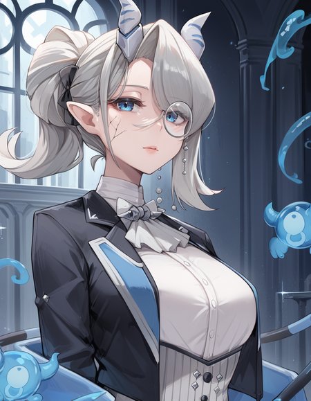 (score_9:0.9),score_8_up,score_7_up,rating_safe,(zPDXL3),(zPDXL),
masterpiece,intricate details,anime,4k,best quality,anime style,
<lora:arias the labrynth butler PonyXL v1:0.83>,
arias the labrynth butler,1girl,monocle,solo,large breasts,upper body,looking at viewer,black tailcoat,butler,demon girl,white shirt,from side,white ascot,blue ghost,low demon wings,..., silver castle, scar