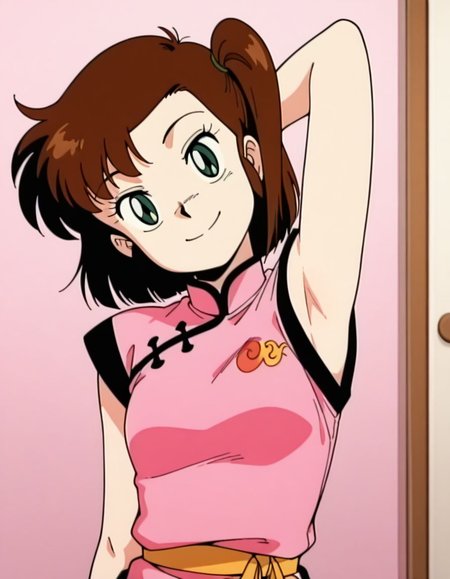 masterpiece, best quality, uncensored,  arms at sides, (head tilt), upper body, happy, solo, bedroom background, 
<lora:Yan0:1>, Yan0, 1girl, short hair, brown hair, green eyes, pink china dress, presenting armpit,
