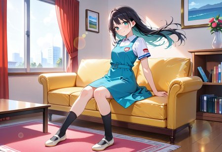 masterpiece, best quality,amazing quality,(1girl), solo,(depth of field),(solo focus),8K,HDR,(ultra high res),(highres),(full body),(lens flare),smile,blush,(black hair),(long hair),(aqua eyes),(floating hair), sidelocks,(malaysian secondary school uniform),(pinafore dress),(aqua blue skirt),(blue pinafore),(collared shirt),(white shirt),(short sleeves),(black socks),(short socks),(white footwear),(ballet flat),(indoors),(curtain),(room),(carpet),(couch),(vase),(window),(shelf),(table),(sitting on couch),(looking at viewer),