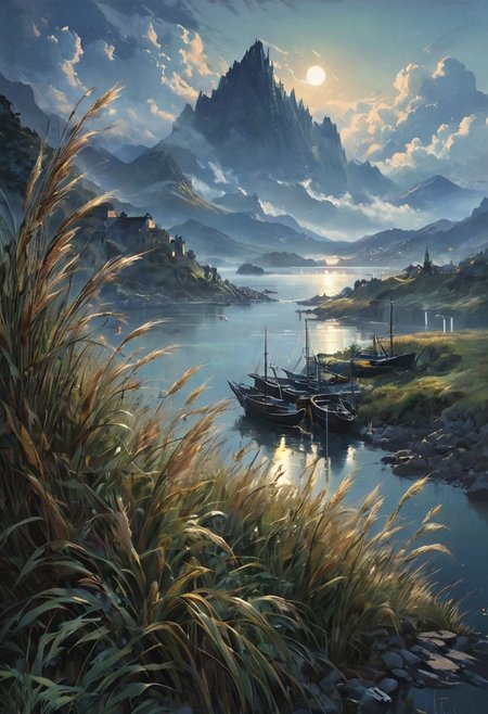 close view on gorgeous port city, night, slight fog, moonlight,( tall grass), (strong wind), (mountaintops), (clouds), atmospheric, (re glow), [romantic impressionism, dream scenery art, beautiful oil matte painting, romantic, beautiful digital painting, anime landscape, romantic painting, dreamlike digital painting, colorful painting, beautiful gorgeous digital art, style of greg rutkowski, janek sedlar,jenny saville:1,2] <lora:vivid_everclear:0.6>  <lora:Sinozick:0.65>