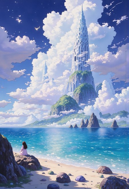 Studio Ghibli Whimsical Fairytale – giant Wave, shore, pebbles, Landscape scenery, pastel moody, hyperdetailed Clouds, lndscpx, towering Fantasy tower resembling a female body