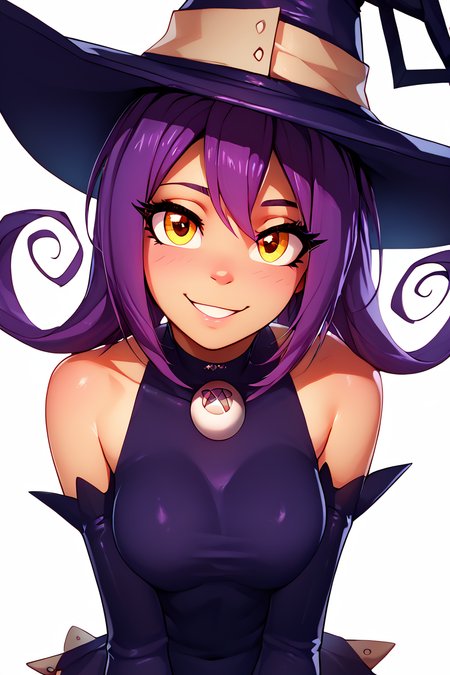 score_9, score_8_up, score_8, medium breasts, (curvy), cute, eyelashes,       BREAK, , zzBlair, 1girl, solo, yellow eyes, purple hair, witch hat, witch, detached sleeves, black short dress, thighhighs,  <lora:Blair_SoulEater_PDXL_v1:1.0>, , BREAK, looking at viewer, ,,, smile, upper body, leaning forward, head tilt, ,,, embedding:zPDXL, Expressiveh, ,,, <lora:theButcherXPDXL:0.8>, <lora:CatalystStylePDXL:0.6>, <lora:SDXLFaeTastic2400:0.5>, <lora:Expressive_H-000001:0.4>,