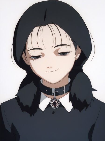 woman, 20 y/o, 20 year old, 20 year old woman, adult, score_9, score_8_up, score_7_up, score_6_up, score_5_up, BREAK masterpiece, high quality, white background, solo, <lora:Yomoda_Chisa_PDXLv0-e55:0.8> yomoda chisa, gothic, small breasts, black dress, black collar, death girl, upper body, smug, happy, half-closed eyes,