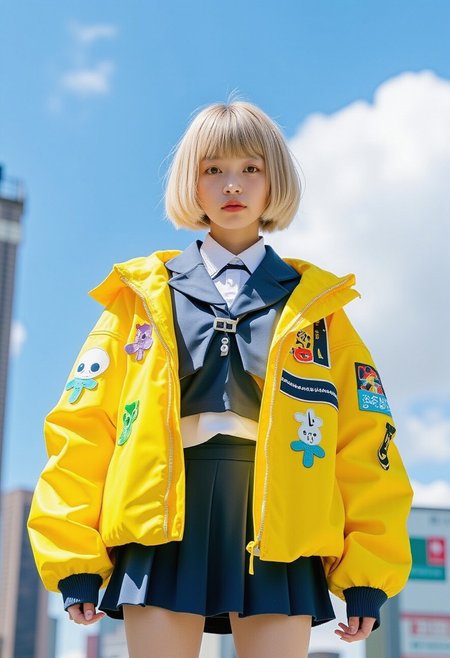 A photo in aestheticphotographyjp style, captured with a Fujifilm X100VI (f/2.8, 120mm). A blonde girl with a sharp bob haircut and delicate fringe stands confidently under sky-blue clouds, wearing a Japanese school uniform with a mini skirt and a bright yellow jacket adorned with colorful patches and graphic designs. Against the neon-lit chaos of a bustling city skyline, her athletic physique and resolute gaze embody strength and individuality, blending techwear elements with traditional Japanese aesthetics.
