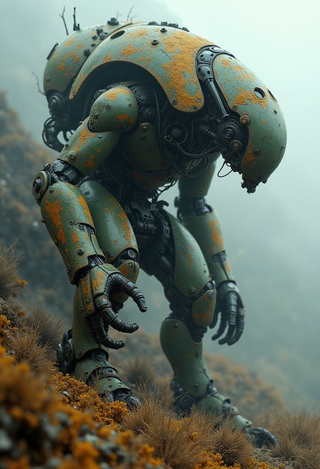 Detailed, masterpiece, professional, bold colors, awe inspiring, photography inspired by Jeremy Mann, 30mm shot, action scene, HDR, biomechanical fusion of organic and machine beauty, mix of the past and future, steam powered, intricately detailed mechanisms, articulated joints, bio-luminescent circuitry, eroded and embedded into the landscape, titanic scale, partially buried into the earth, battle scarred with nature slowly taking back over