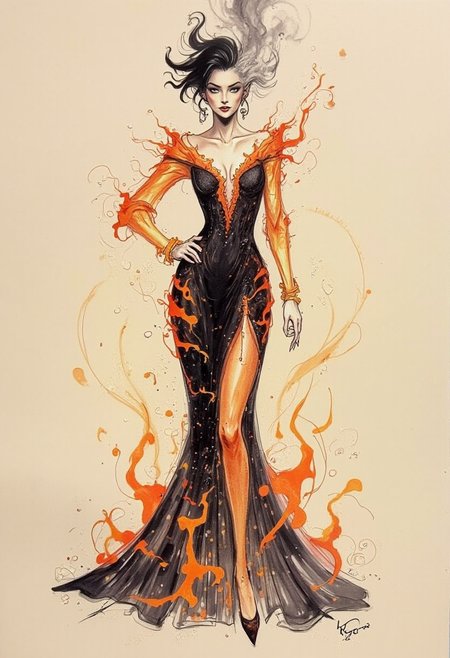 CreeepyCuteMagic, FashionDaal,  Fashion Sketch of a  A conceptual fashion sketch of a gown made of fire and smoke, drawn in an abstract, scratchy fashion-illustration style. The model is elongated and elegant, with fierce energy in her posture. The dress appears to be dissipating at the edges, with swirling, jagged lines hinting at flames licking at her form. The lines are raw yet sophisticated, capturing a surreal mix of power and elegance.