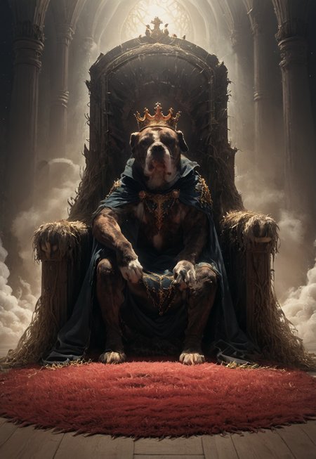 sitting on a Throne, paw on armrest, golden crown on head, cape, carpet laid before him, realistic, graceful, calm, intense gaze, well lit face, portrait lighting